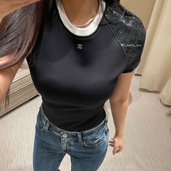 Chanel 24C Black White Crystal CC Logo Neoprene Stretch Jersey Top T Shirt 38 - Picture 9 of 16